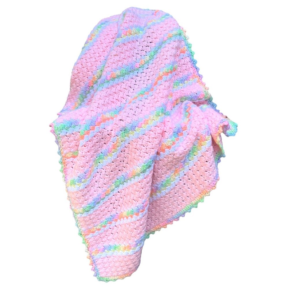 Baby Afghan Hand Crocheted 34X42 Pink Multi Color Rainbow Stripes Scalloped Edge